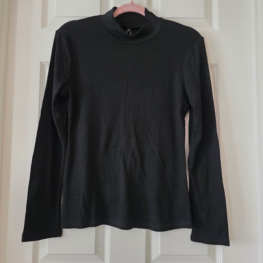 Shetells Black Ribbed Long Sleeve Mock Neck Top Women's Size Large